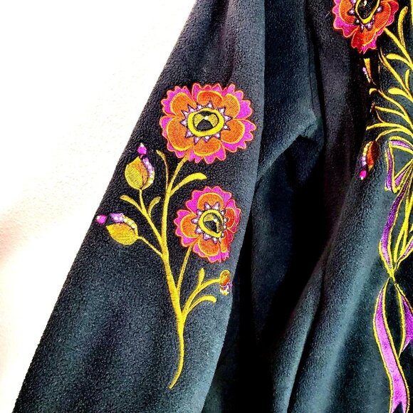 Bob Mackie Wearable Art Black Floral Embroidered Button-Up Soft Fluffy Coat 1X - Picture 9 of 11